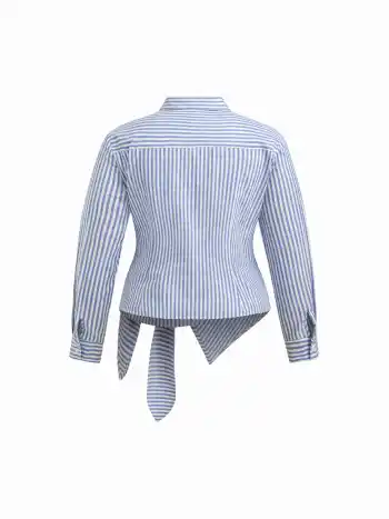 Cotton-blend Collar Stripe Knotted Long Sleeve Blouse Curve & Plus