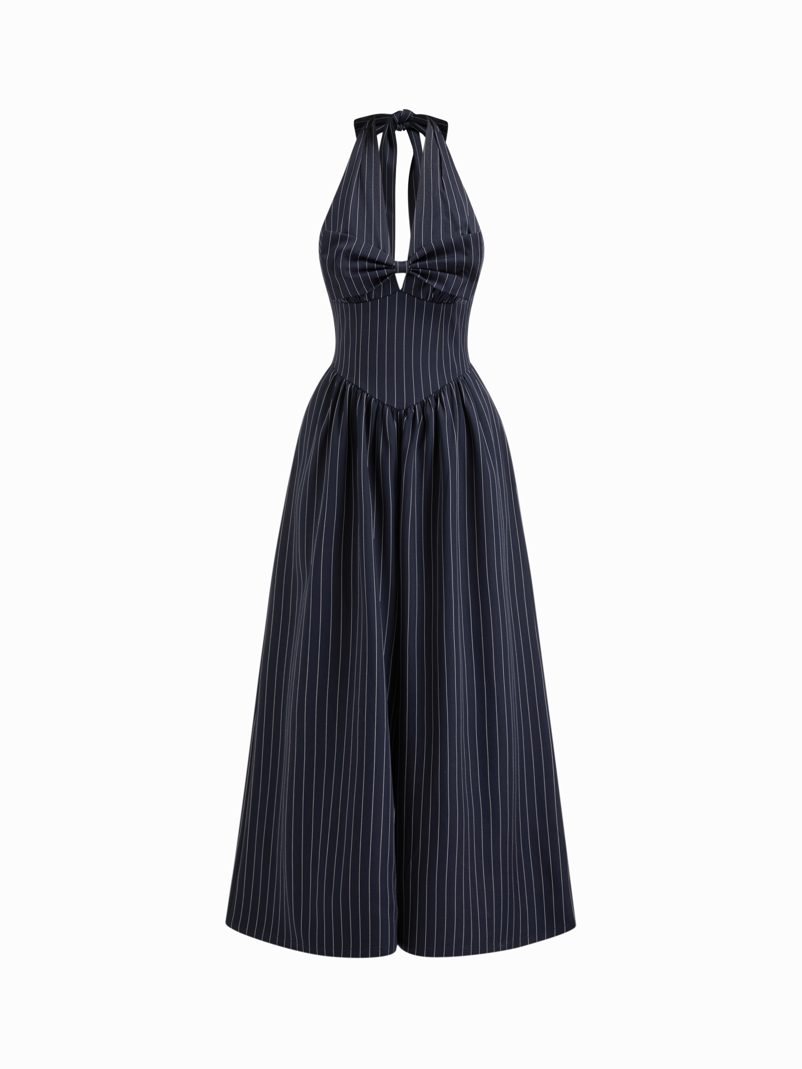 Tissé Halter Neckline Stripe Bowknot Shirred Wide Leg Jumpsuit For Décontracté quotidien