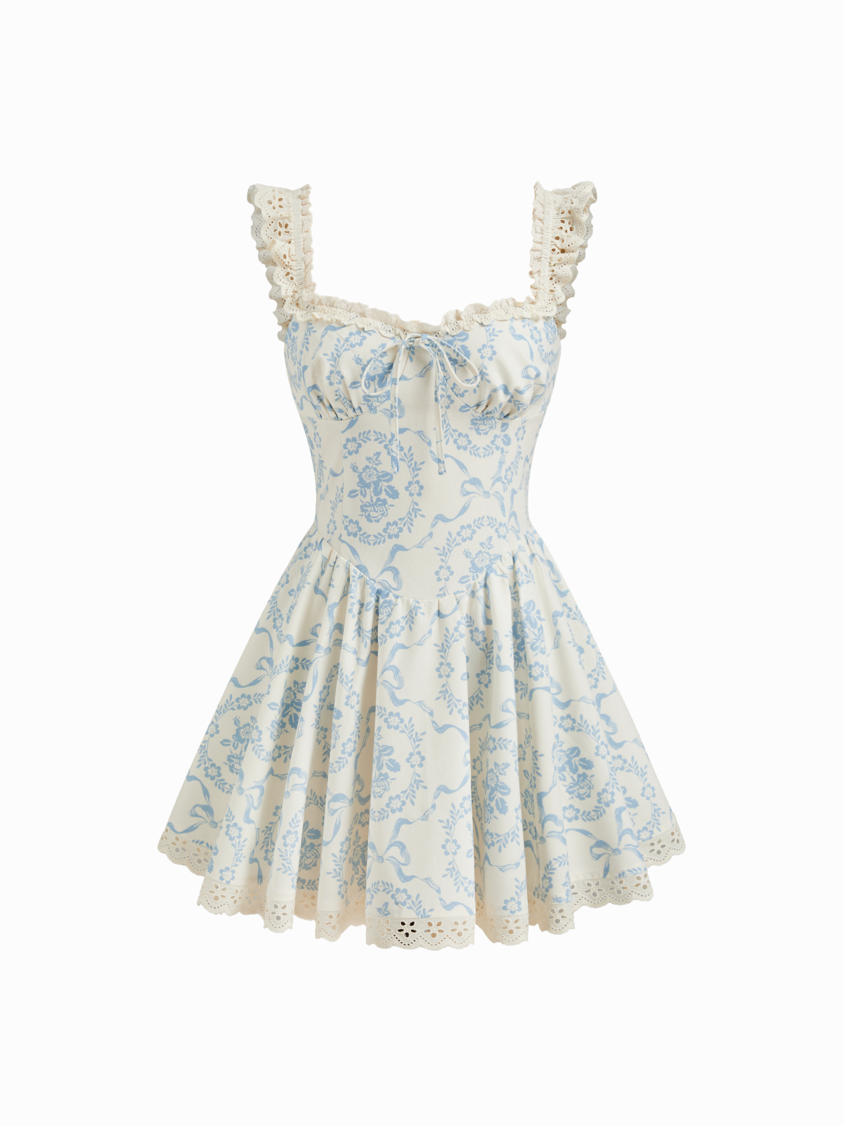 Lace Trimmed Floral DressサイズM Woven Square Neck Floral Lace Trim Knotted Mini Dress For Date