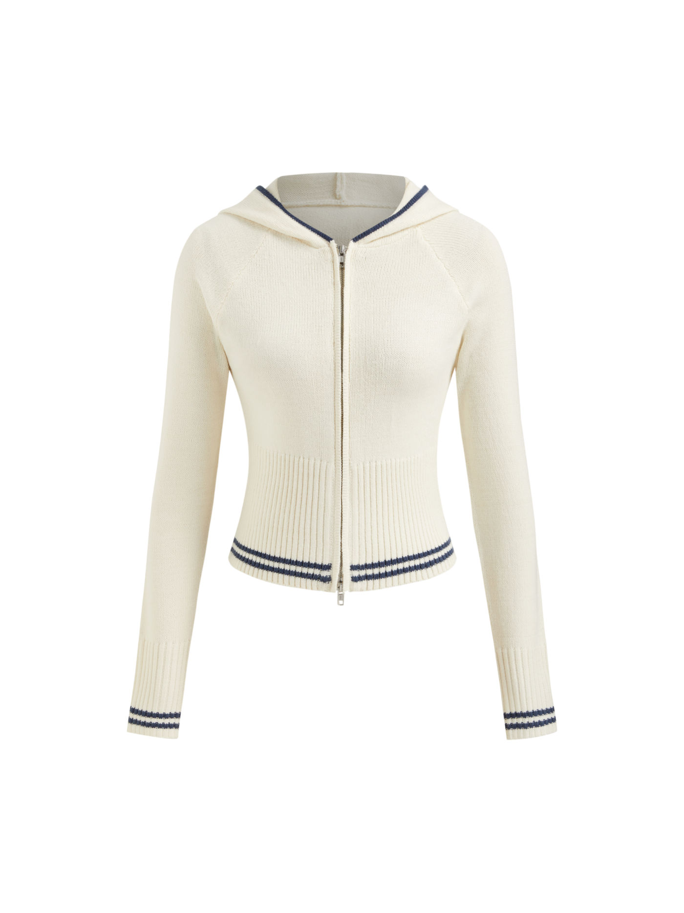 Knit Hooded Long Sleeve Contrasting Binding Zip Through Cardigan