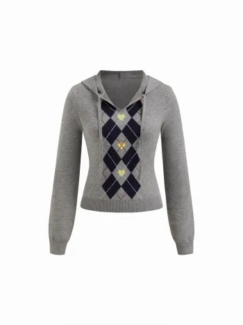 Strickpullover mit Kapuze und Argyle-Muster, Langärmlig