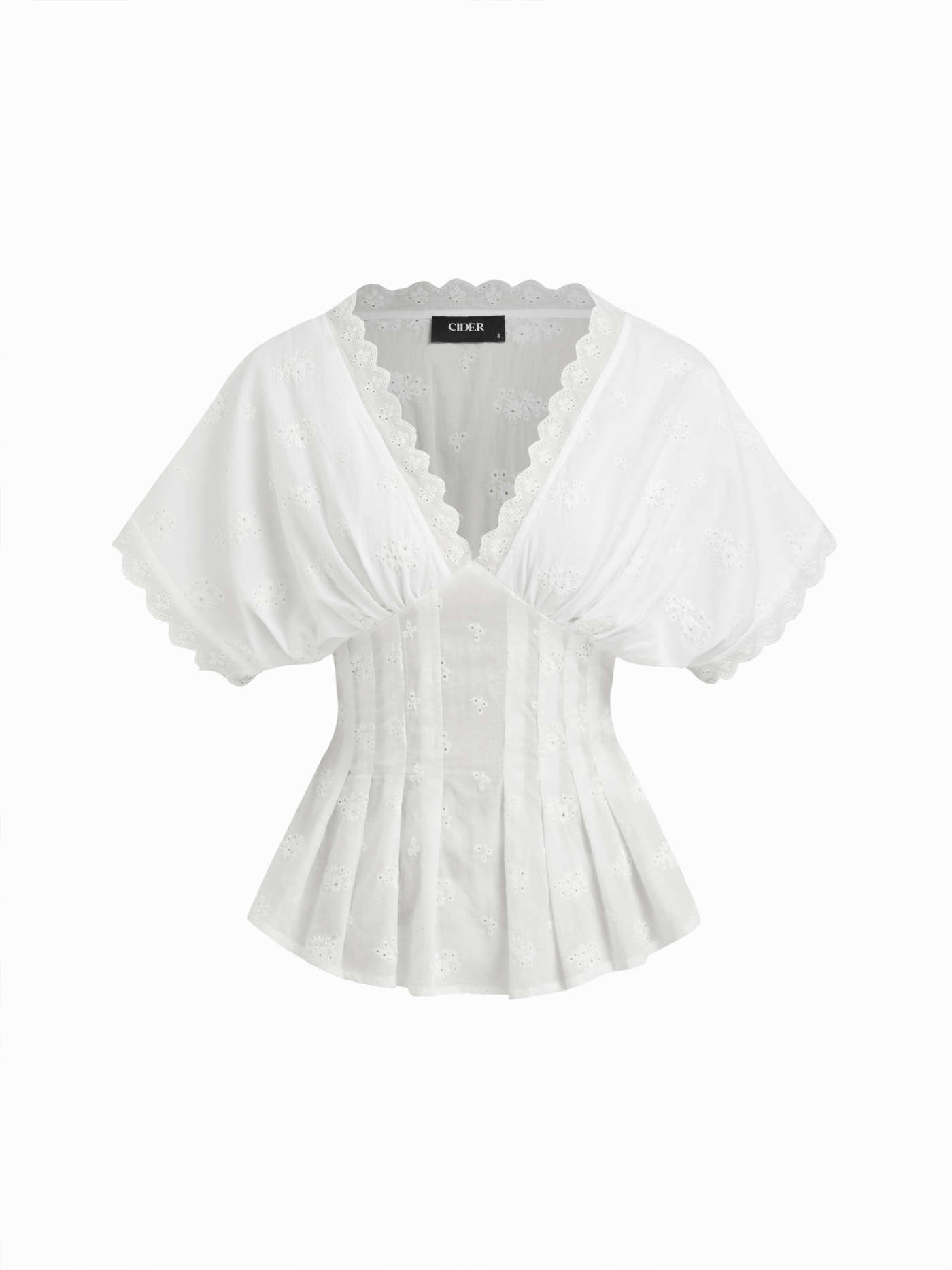 Woven Cotton V-neck Broderie Anglaise Pleated Shirred Short Sleeve Blouse For Work