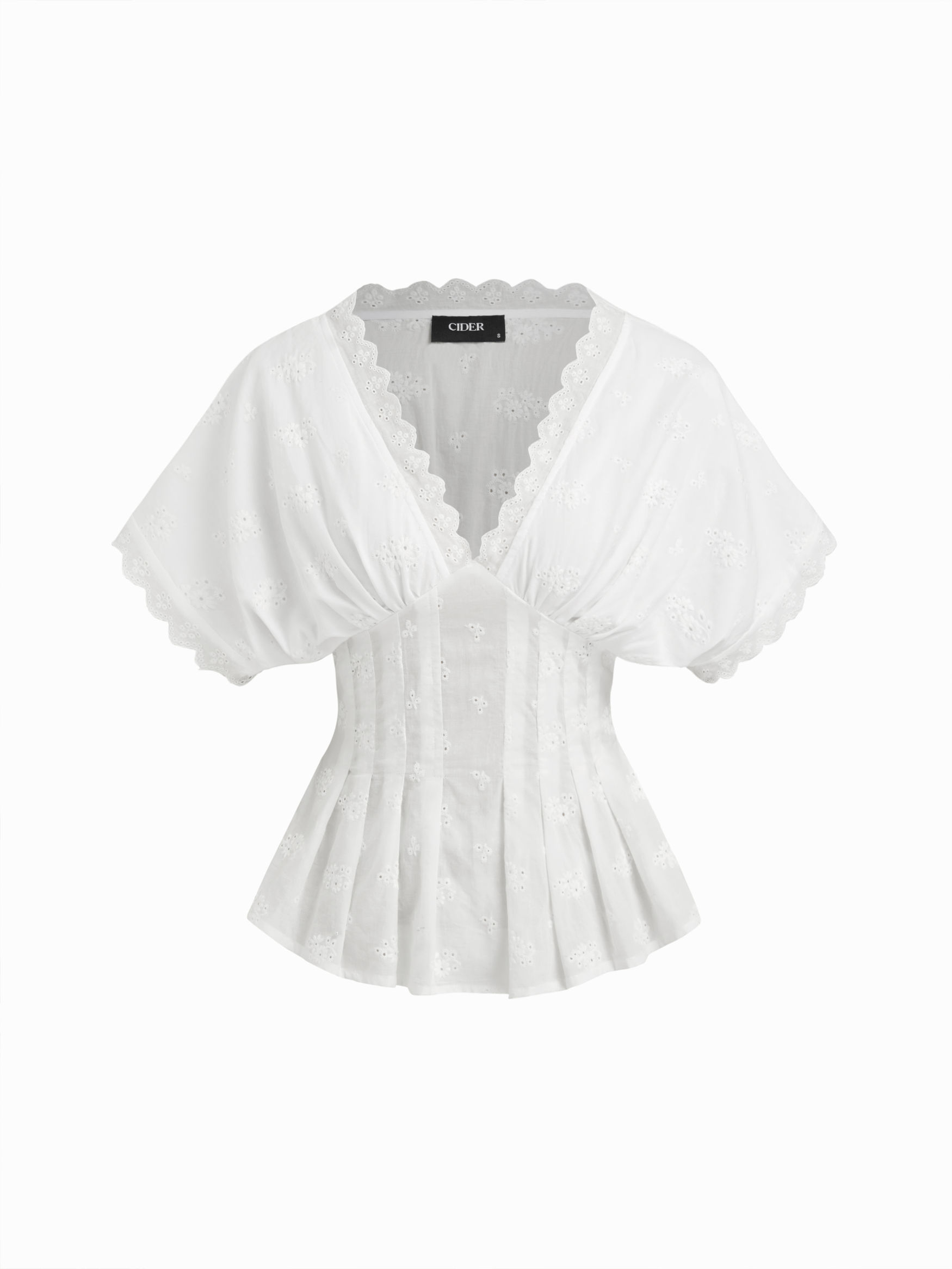 Cotton V-neck Broderie Anglaise Pleated Shirred Short Sleeve Blouse