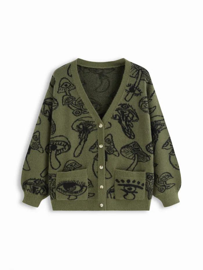 Knit V-neck Mushroom Graphic Cardigan