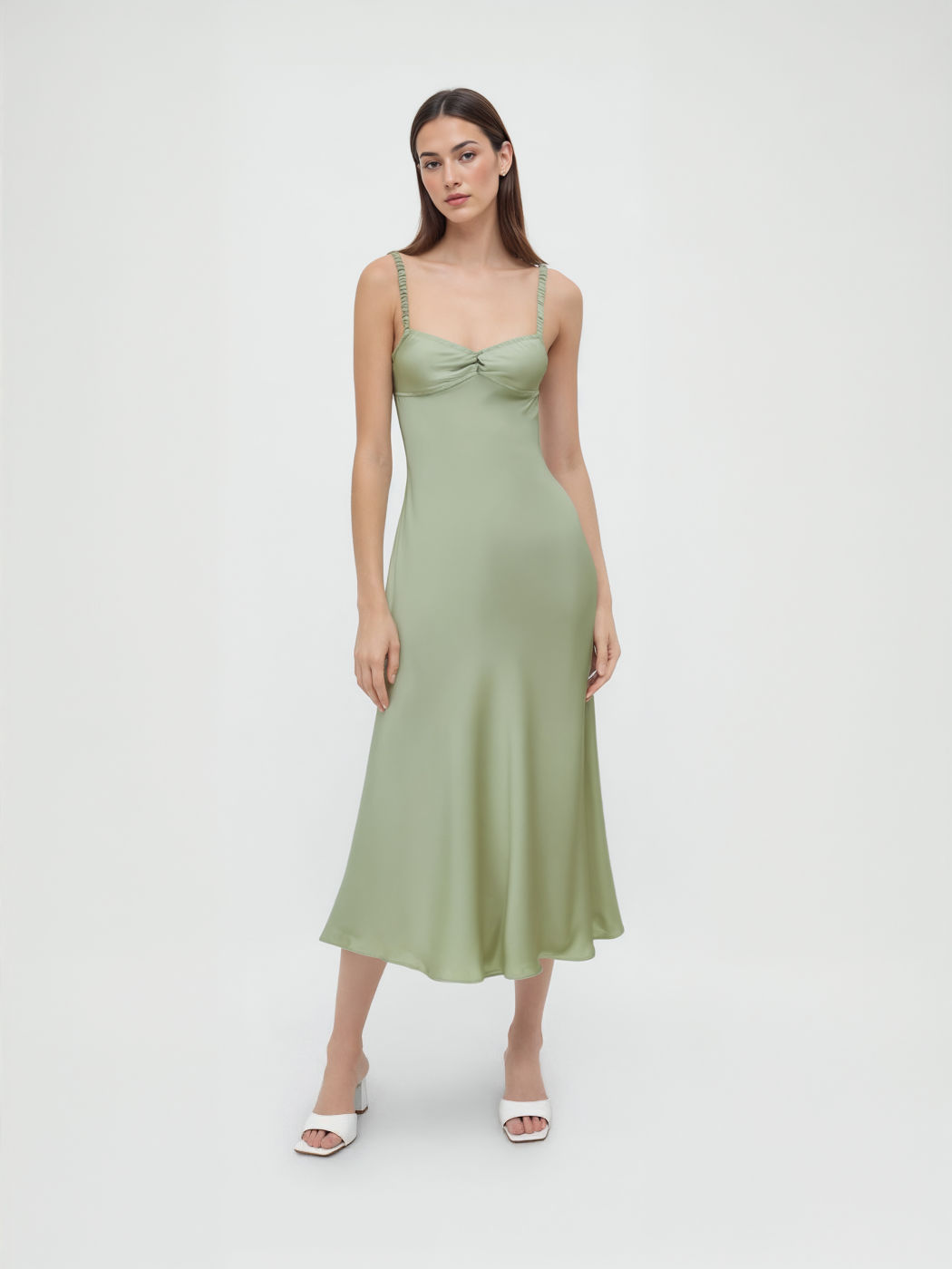 Satin Cut Out Ruffle Ruched Straps Maxi Dress
