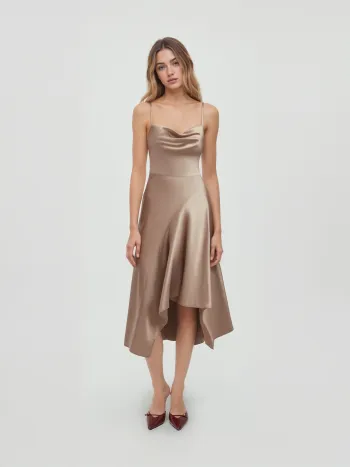 Satin Cowl Neck Solid Asymmetrisches Midikleid