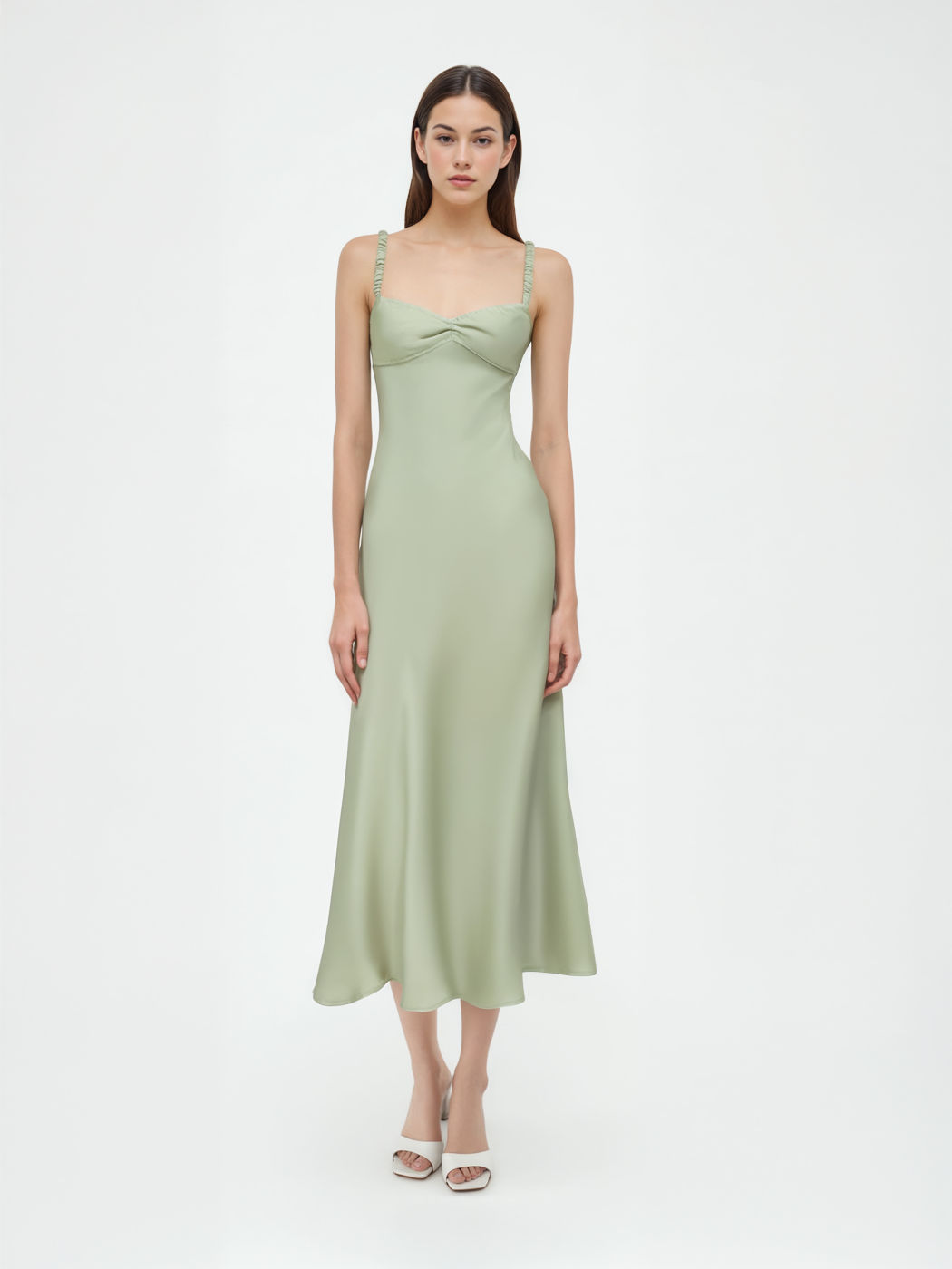 Satin Cut Out Ruffle Ruched Straps Maxi Dress