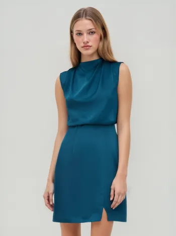 Gewebtes Minikleid mit Stehkragen und Knotendetail
