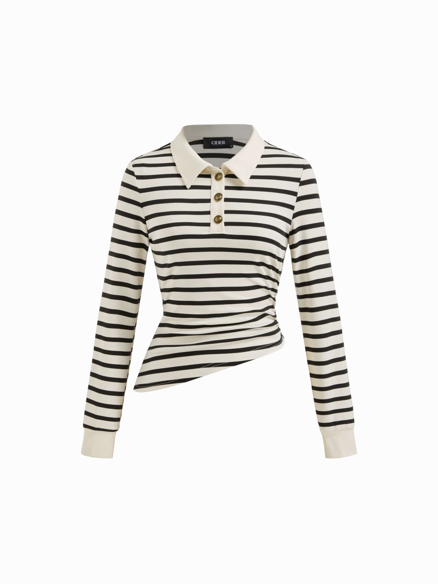 Cotton-blend Stripe Collar Long Sleeve Asymmetrical Hem Ruched Top