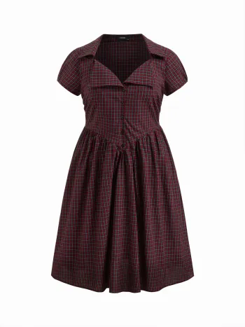 100% Baumwolle Süßherz-Puffärmel-Kariertes Schnallen-Midikleid Kurve & Plus