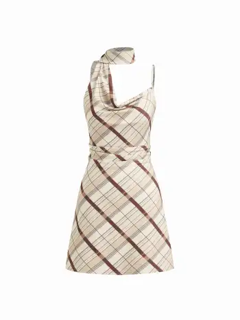 Woven Linen-blend Two Way Boat Neck Stripe Knotted Mini Dress For Work