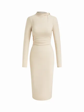 Baumwollmischung Hochkragen Langärmliges Rüschen-Midikleid