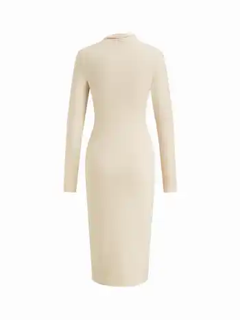 Baumwollmischung Hochkragen Langärmliges Rüschen-Midikleid