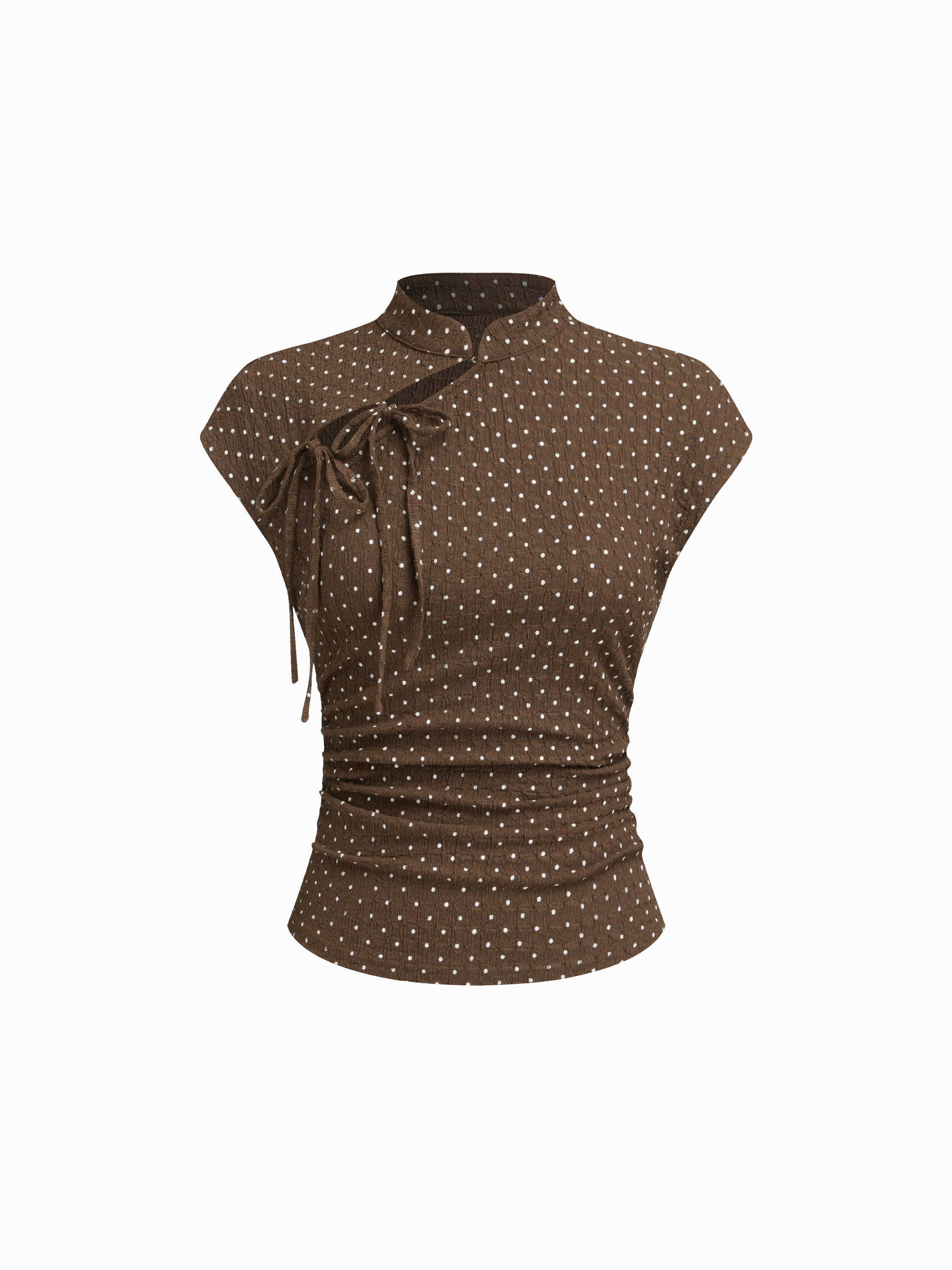 Knit Fabric Polka Dot Mandarin Collar Short Sleeve Knotted