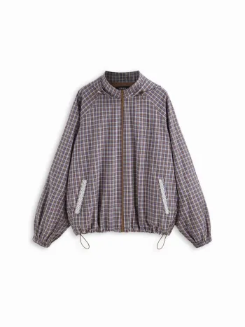 Giacca oversize a quadri in cotone con cappuccio, coulisse e pizzo a contrasto