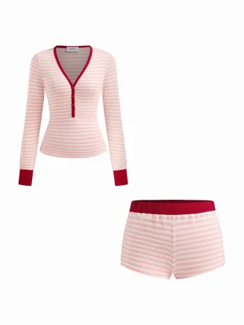 Set loungewear con top a maniche lunghe con scollo a V a righe e bordi a contrasto e shorts a vita media