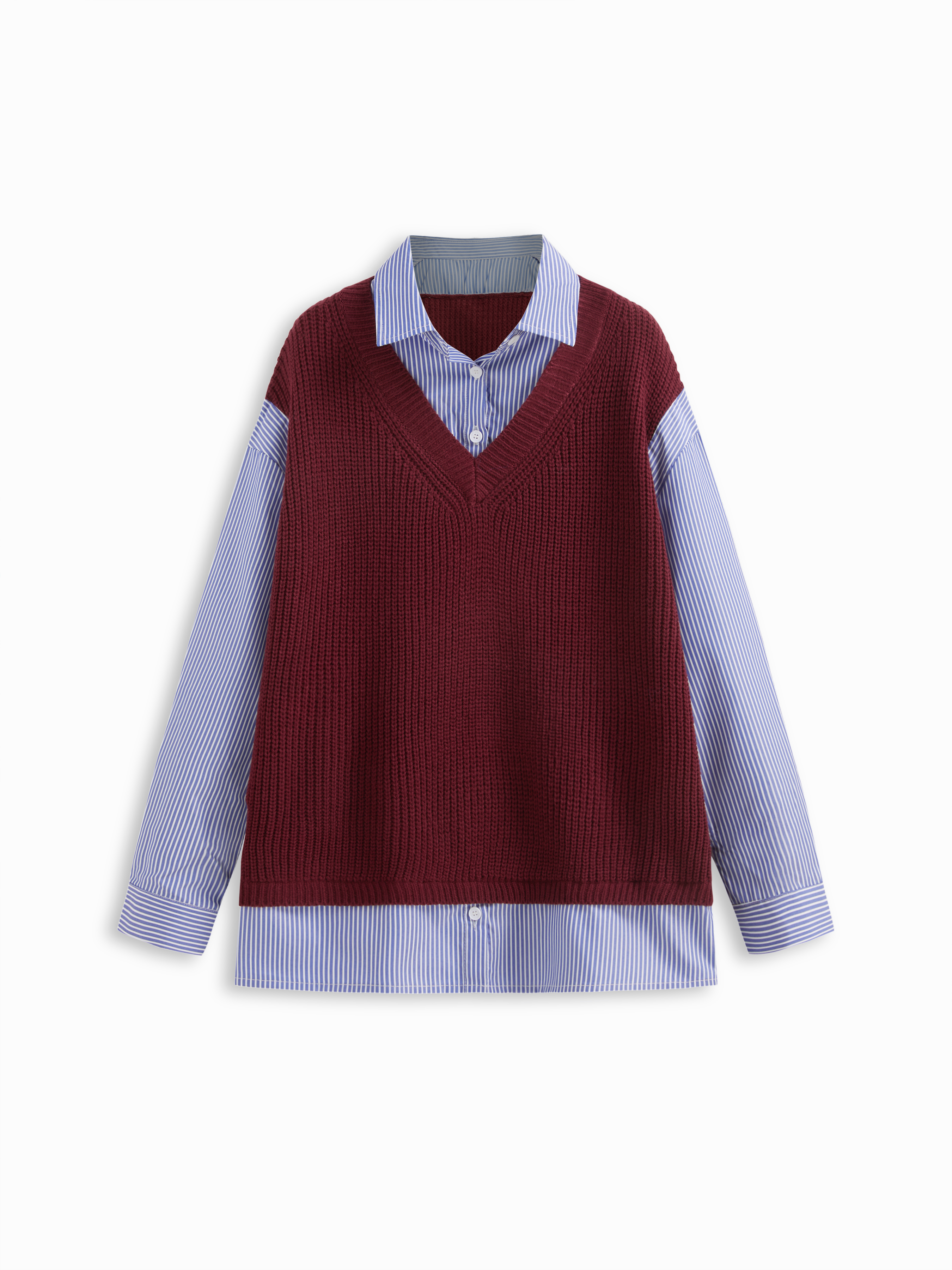 Knit Wool-blend Collar Stripe Two Tone Patchy Oversized Top