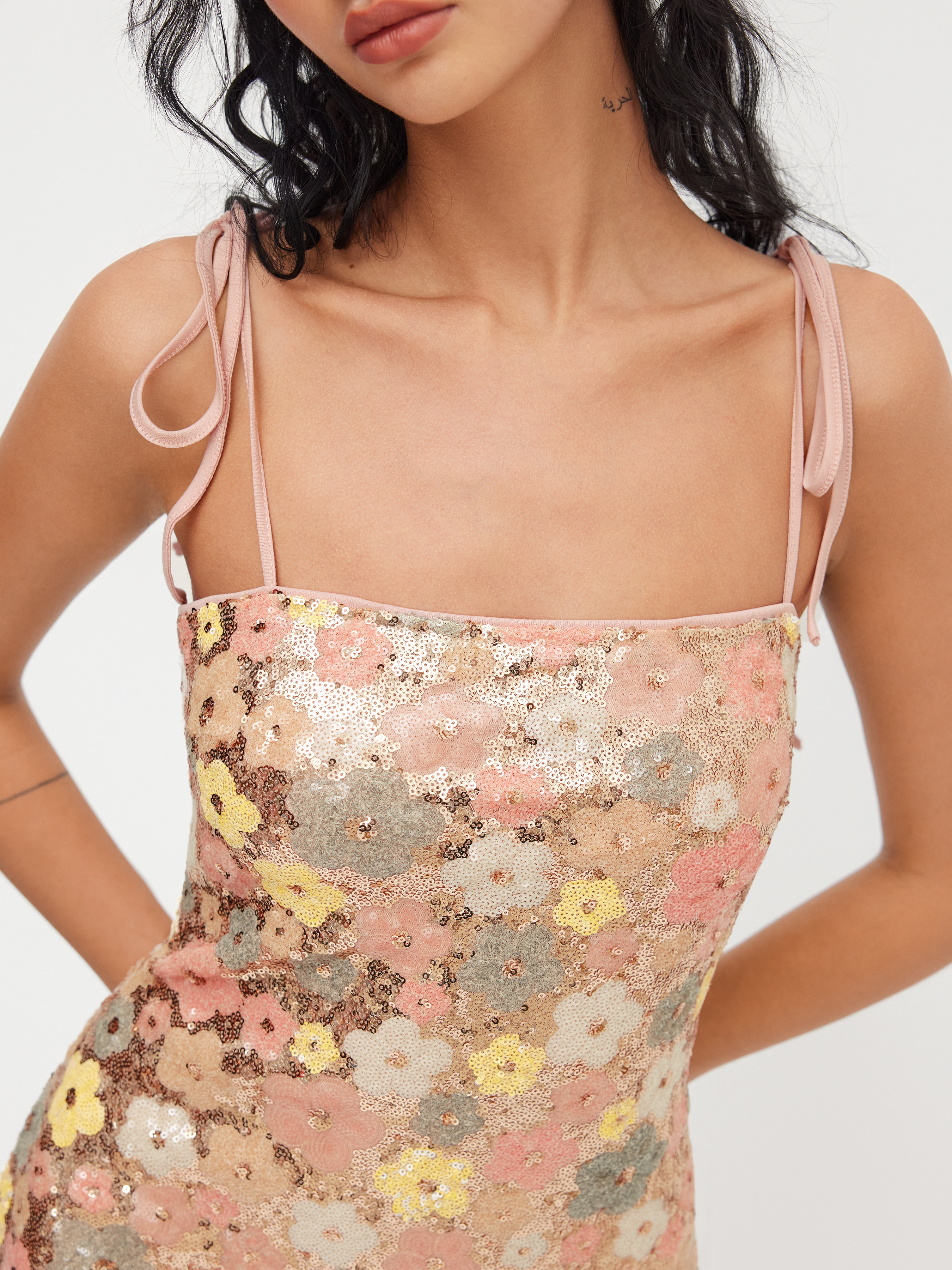 Sequin Square Neck Floral Knotted Mini Dress