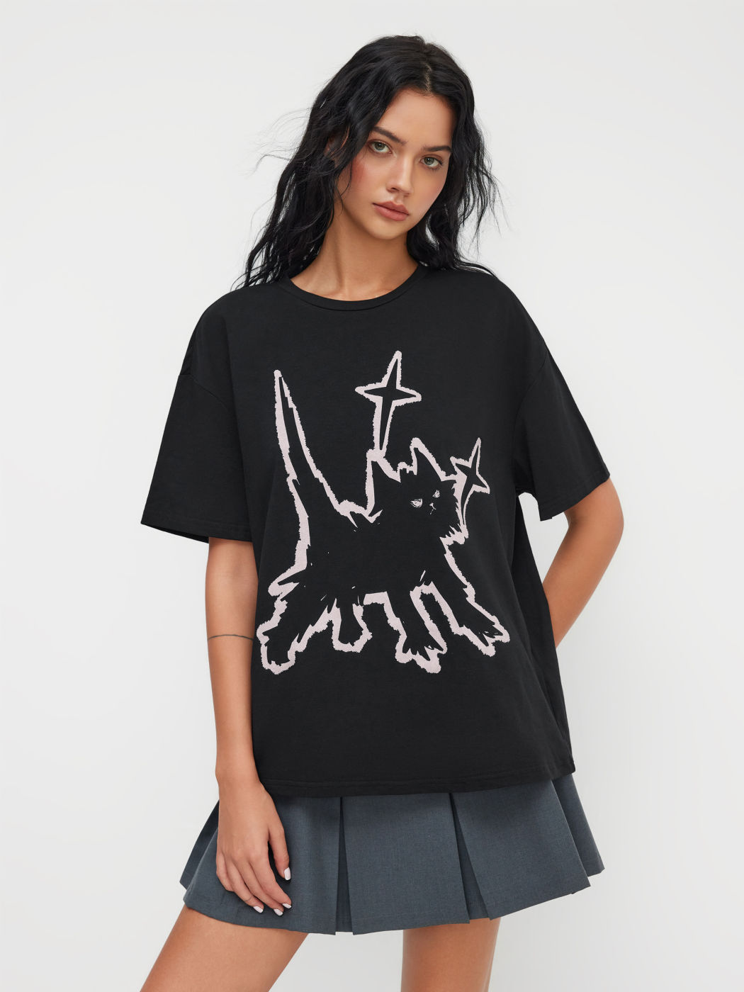 Cotton-blend Cat Oversized Short Sleeve Tee