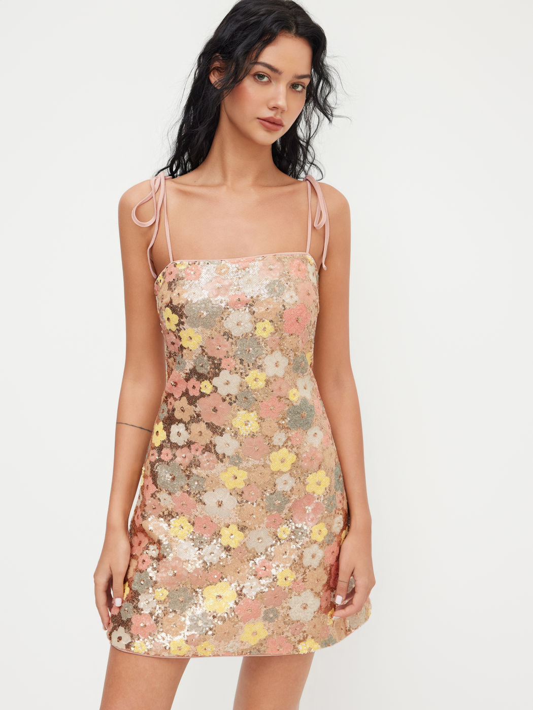 Sequin Square Neck Floral Knotted Mini Dress