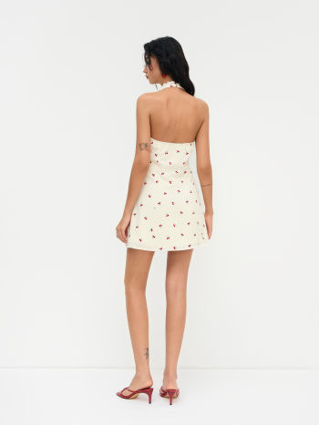 Halter Neckline Cherry Lettuce Trim Bowknot Mini Dress