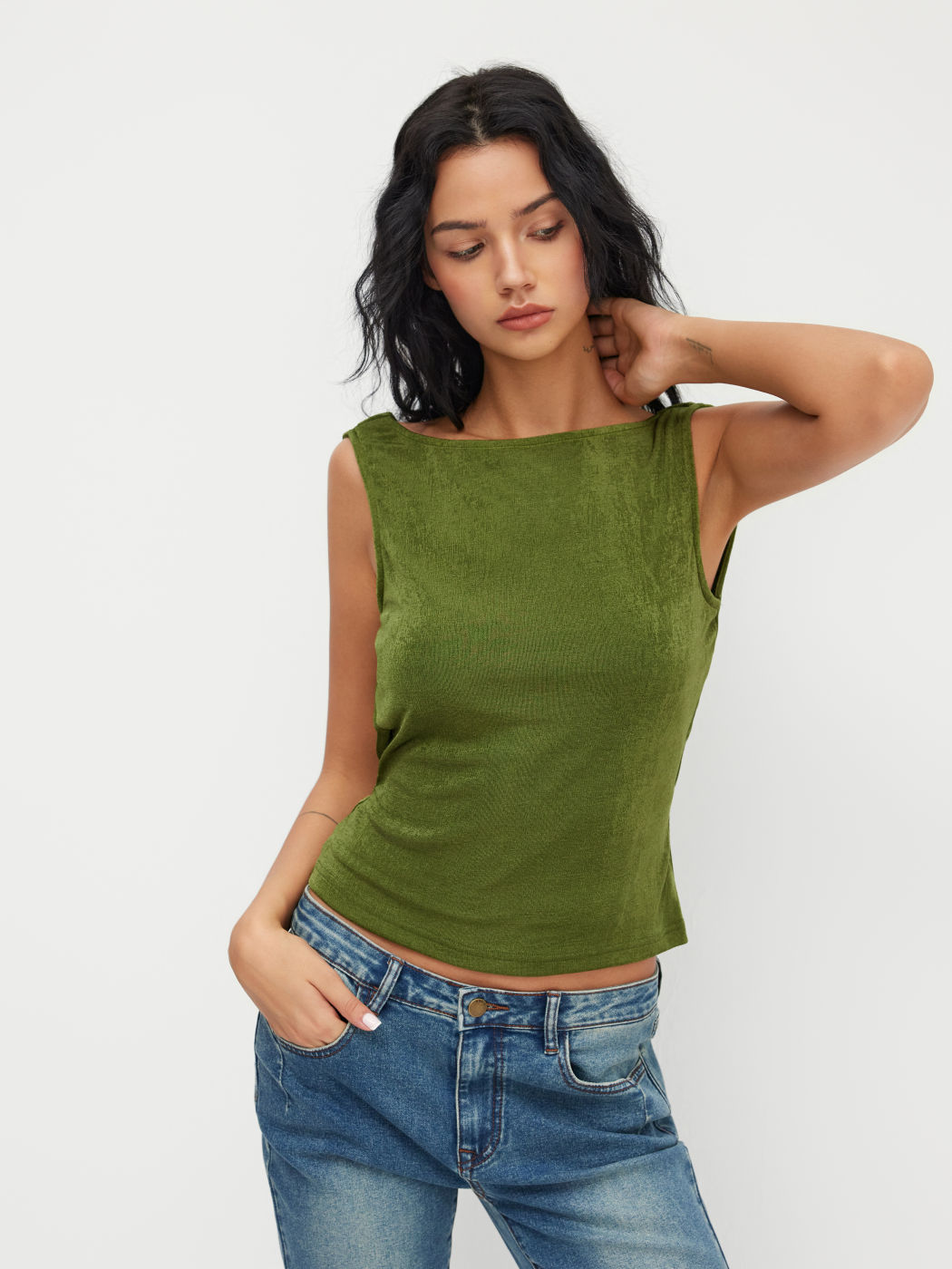 Boat Neck Backless Buckle Tank Top