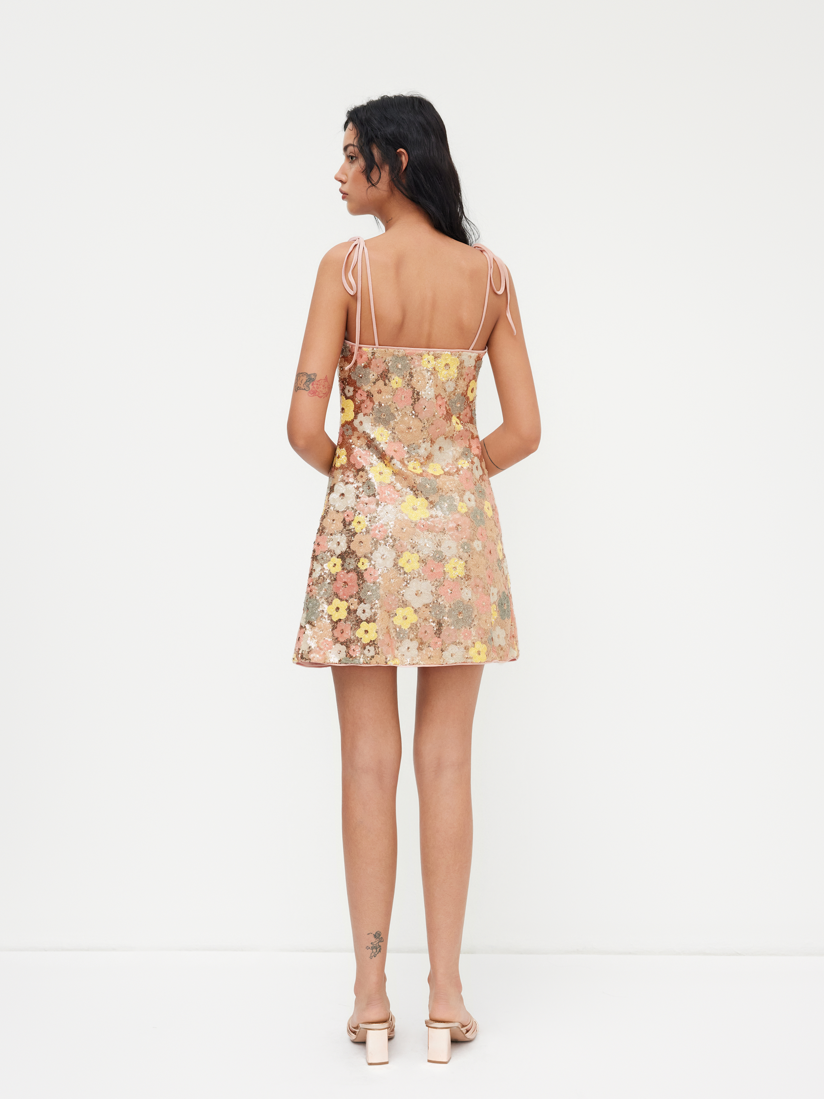 Sequin Square Neck Floral Knotted Mini Dress