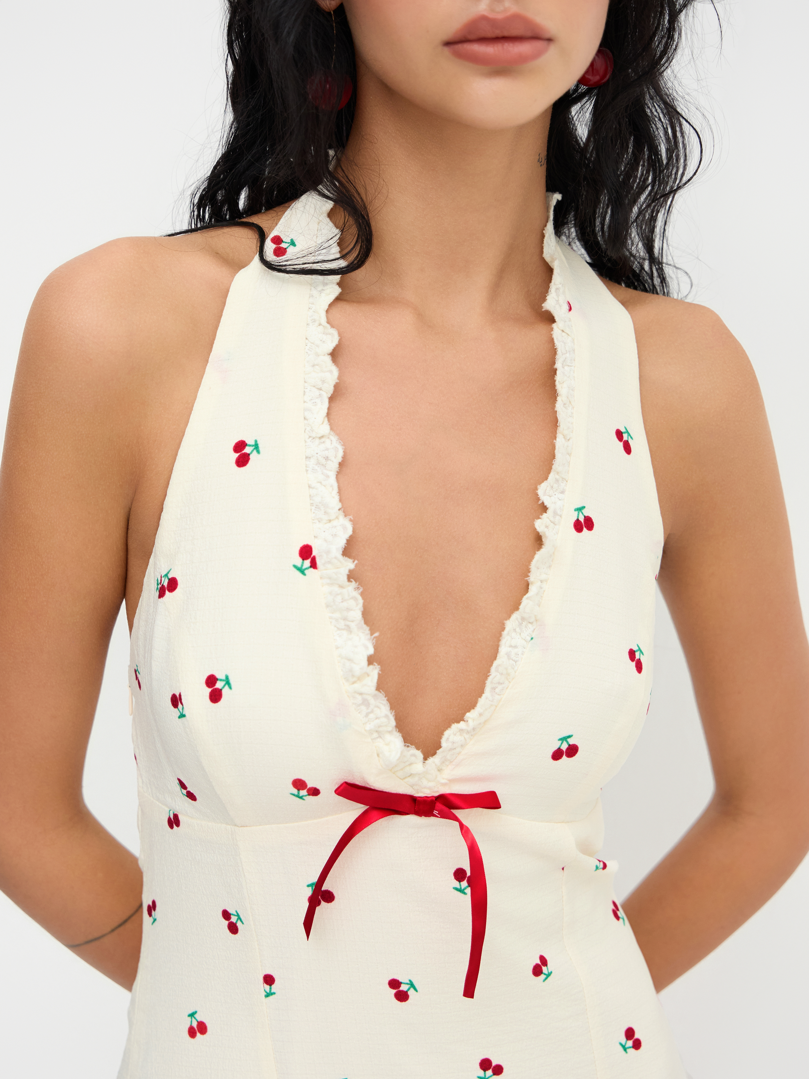 Halter Neckline Cherry Lettuce Trim Bowknot Mini Dress