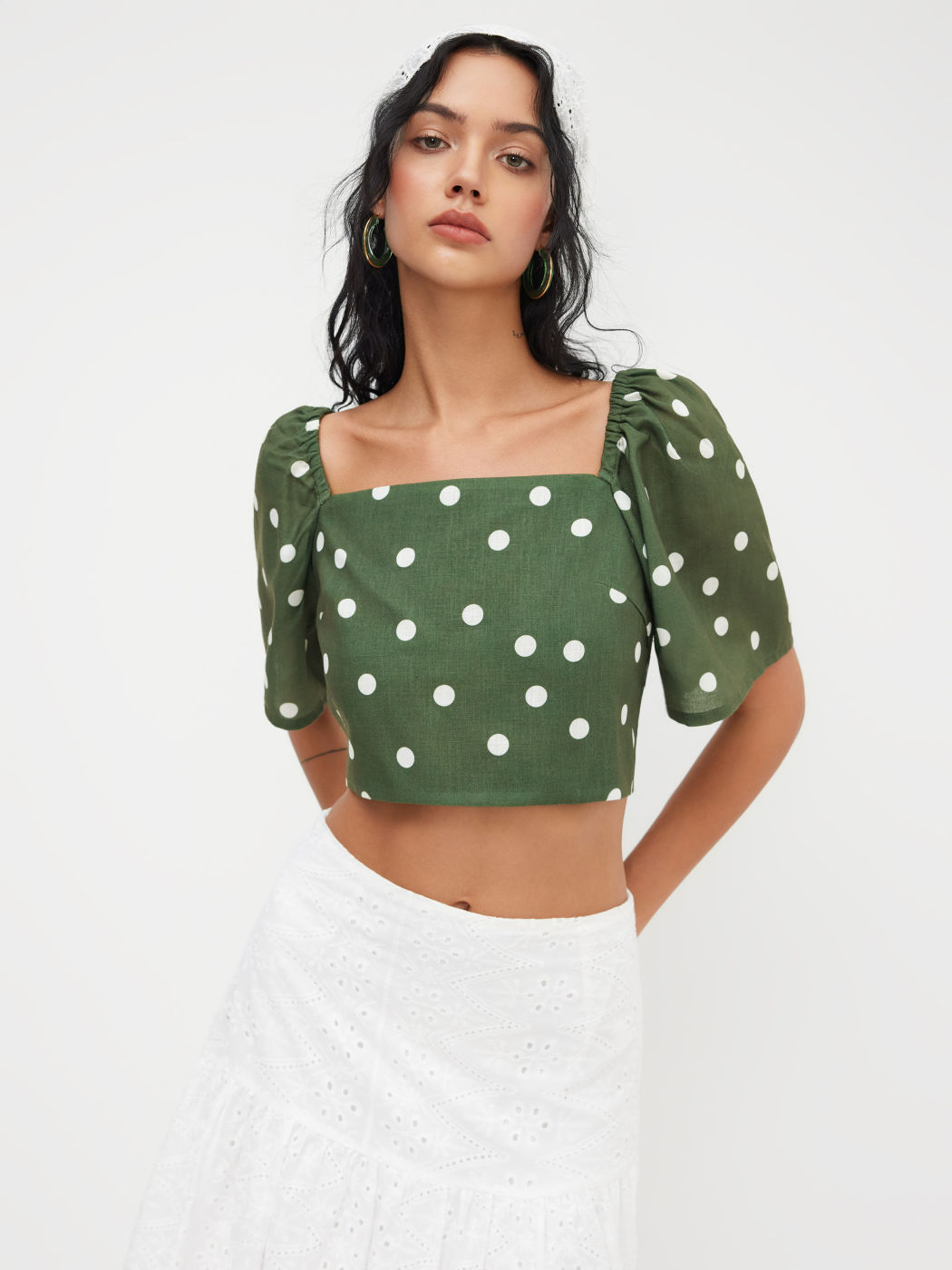 Square Neck Polka Dot Knotted Mid-length Sleeve Crop Blouse