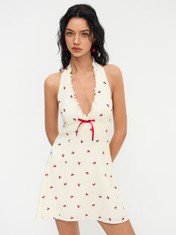 Halter Neckline Cherry Lettuce Trim Bowknot Mini Dress
