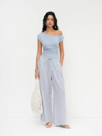 100% Baumwolle Off-shoulder Rüschen-Oberteil & Mittelhohe Streifen-Hosen mit elastischem Bund und breiten Beinen Set