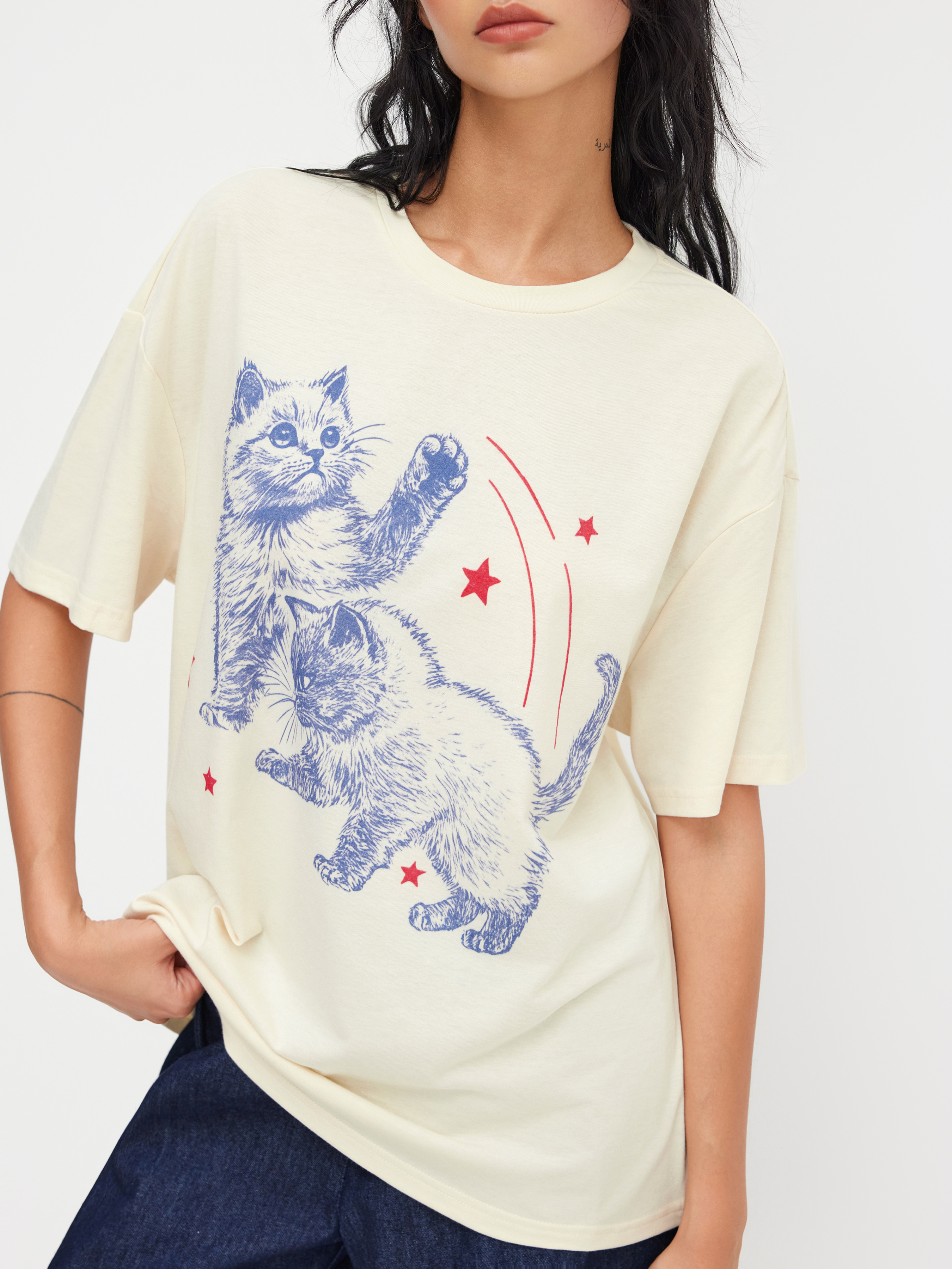 Cotton-blend Cat Oversized Short Sleeve Tee
