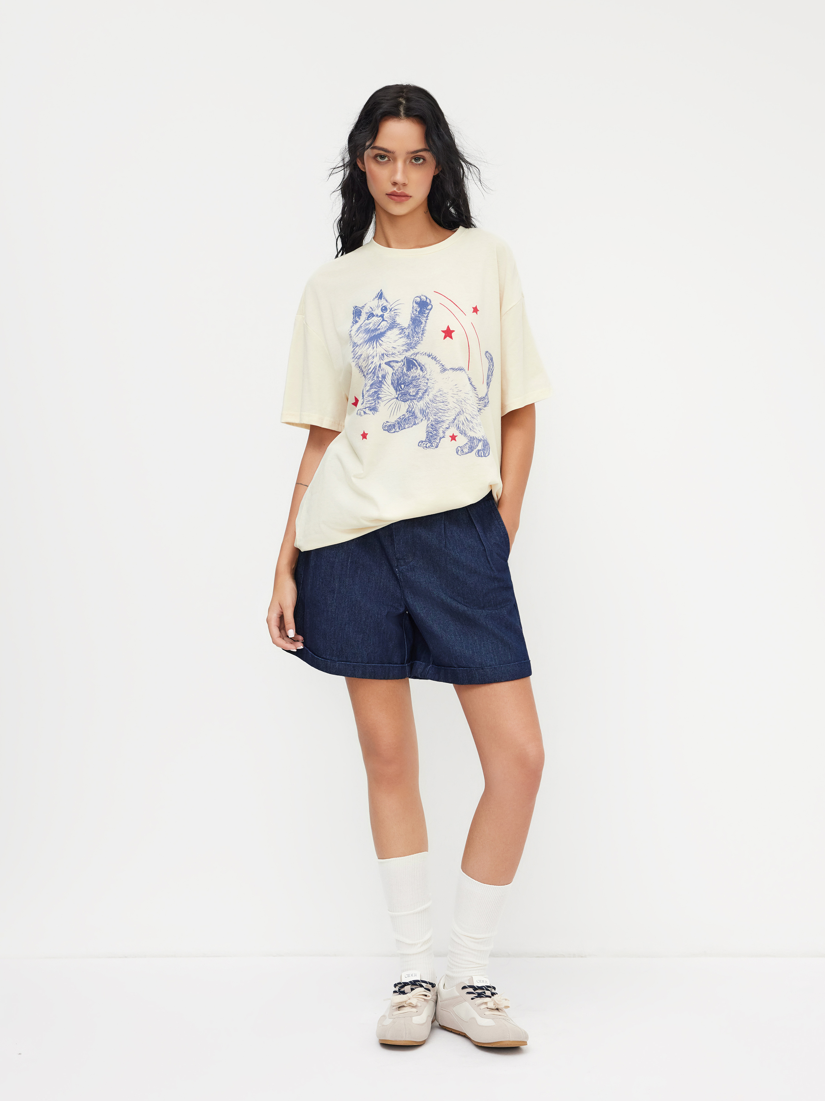 Cotton-blend Cat Oversized Short Sleeve Tee