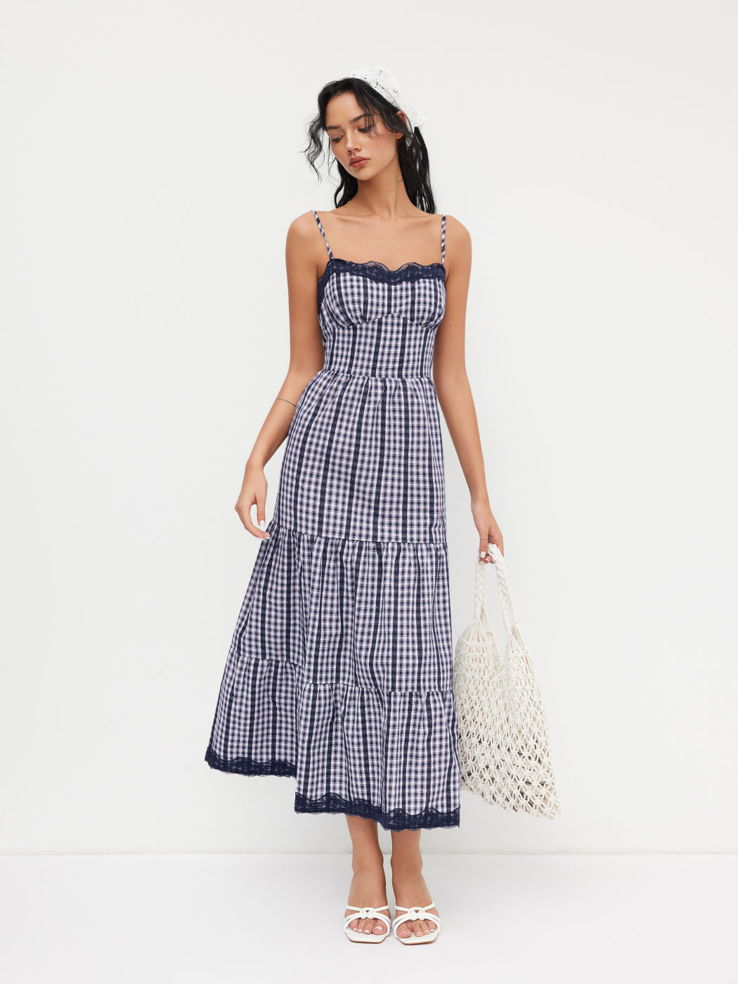 Baumwollmischung Gingham Spitzenrandiges Geschichtet Shirred Maxikleid