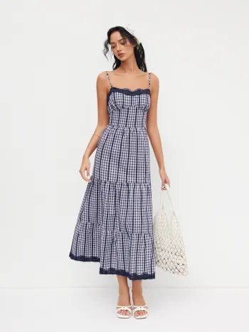 Baumwollmischung Gingham Spitzenrandiges Geschichtet Shirred Maxikleid