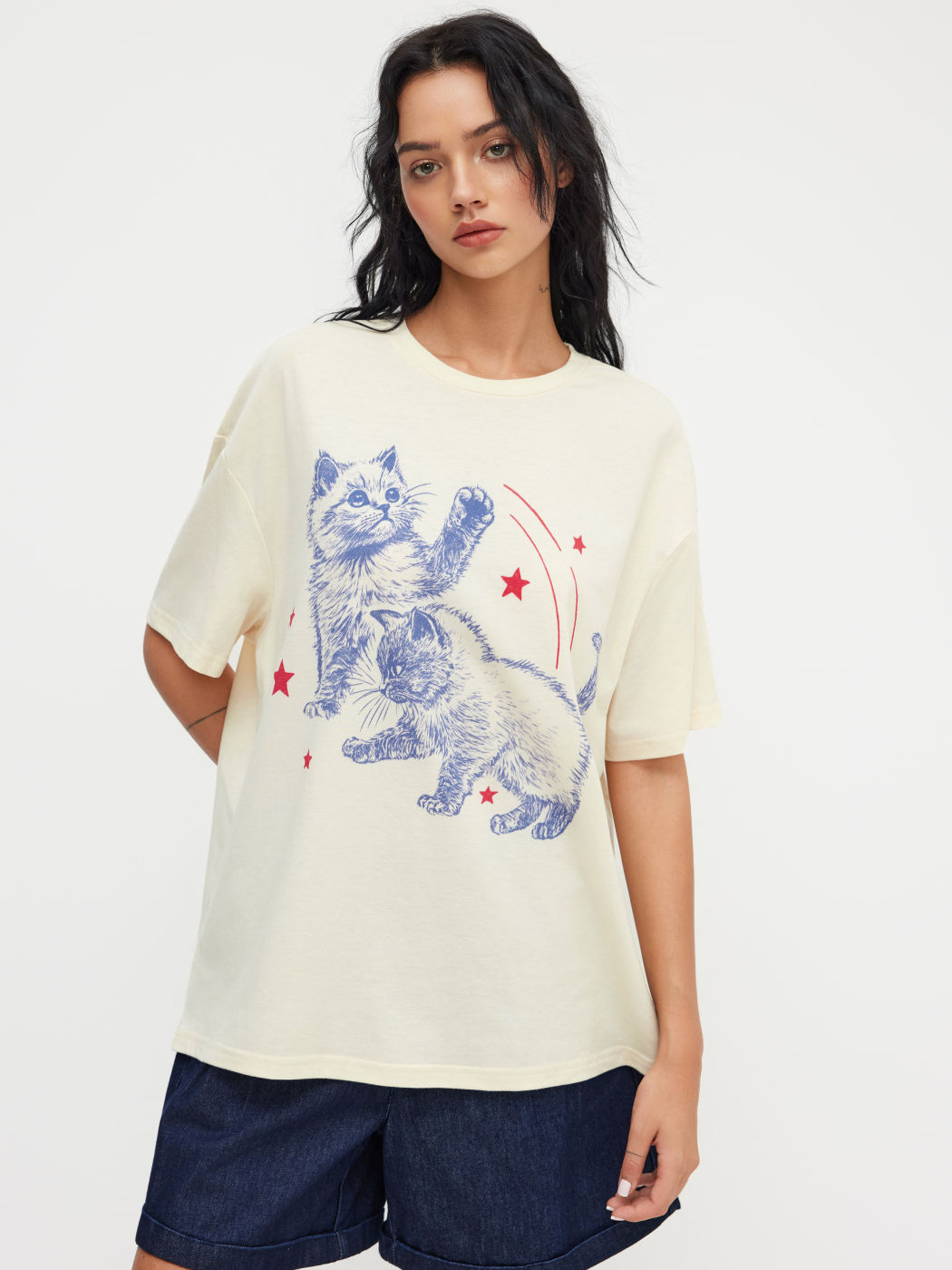 Cotton-blend Cat Oversized Short Sleeve Tee