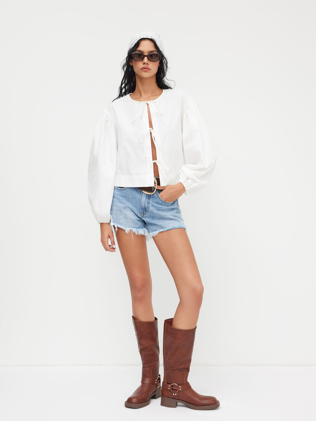 100% cotone Scollo rotondo Camicetta solida con fiocco sul davanti