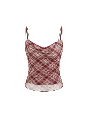 Top Cami con collo a scialle e finiture in pizzo a quadri
