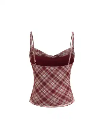 Top Cami con collo a scialle e finiture in pizzo a quadri