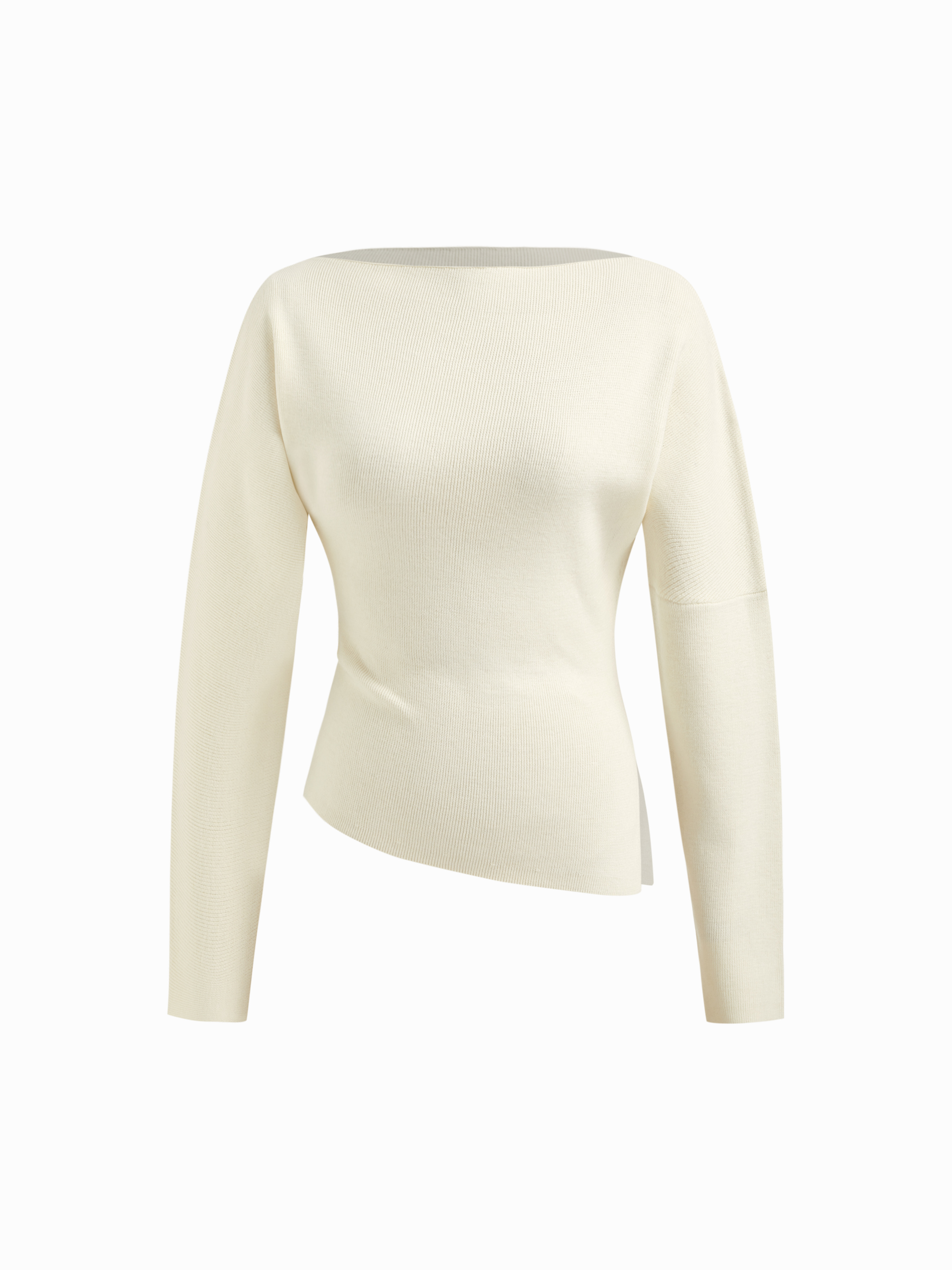 Tricot Knit Boat Neck Asymmetrical Hem Split Long Sleeve Top For Décontracté quotidien