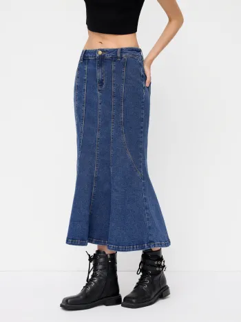 Dehnbares Cider Denim Mermaid Maxi-Skirt Mittelhöhe
