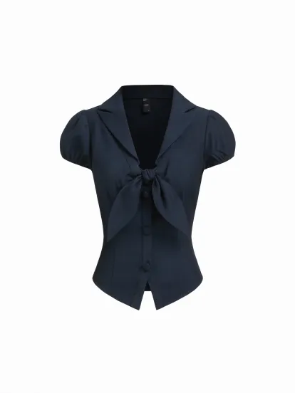 100% Cotton V-neck Check Button Short Sleeve Blouse