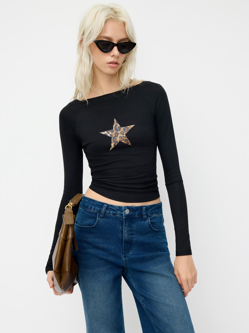 Bootsausschnitt Leopard Stern Langarmshirt