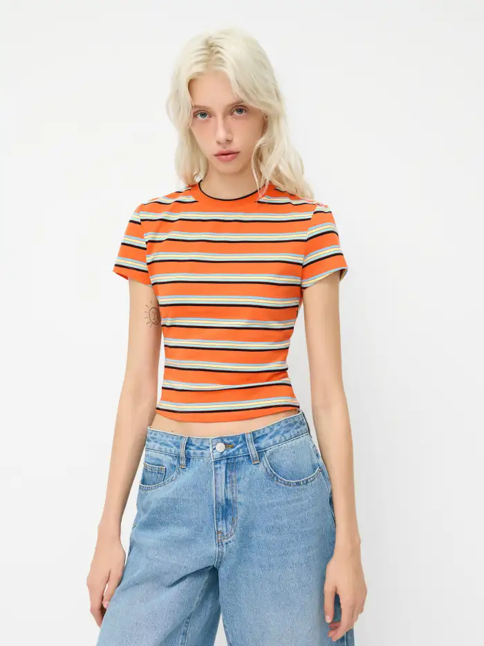 Round Neckline Stripe Short Sleeve Tee