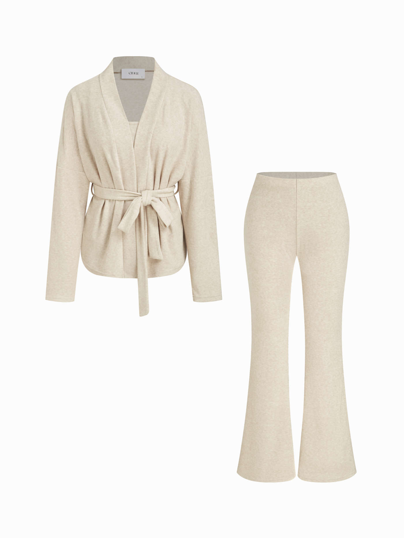 Terry Long Sleeve Top With Belt With Tank Crop Top & High Rise Flared Trousers Loungewear Set