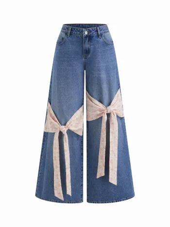 Cider Denim Jeans a vita bassa con stampa floreale e fiocco, gamba ampia