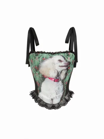 Hund-Grafik, Blumenmuster, Quadratischer Halsrand, Spitzenrand, Knoten-Cami Oberteil