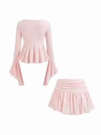 Lace V-neck Pointelle Bell Sleeve Crop Top With Ruched Mini Skirt Set