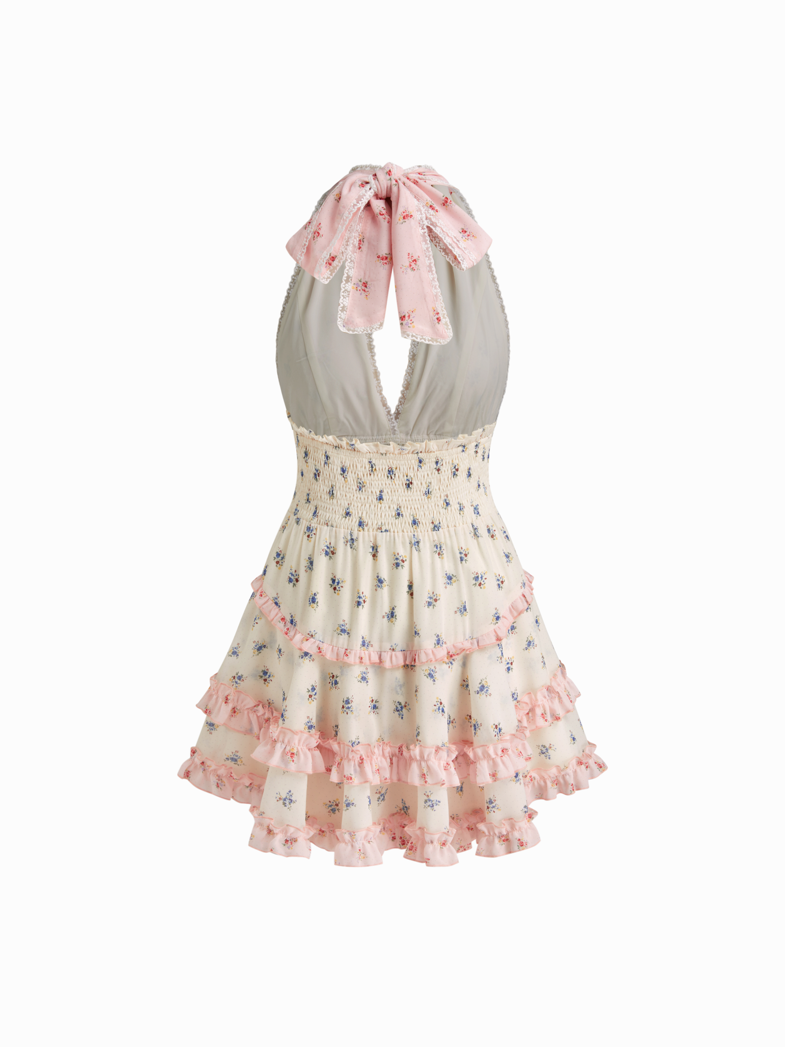 Halter Neckline Ditsy Floral Lace Lettuce Trim Shirred Patchy Tiered Mini Dress