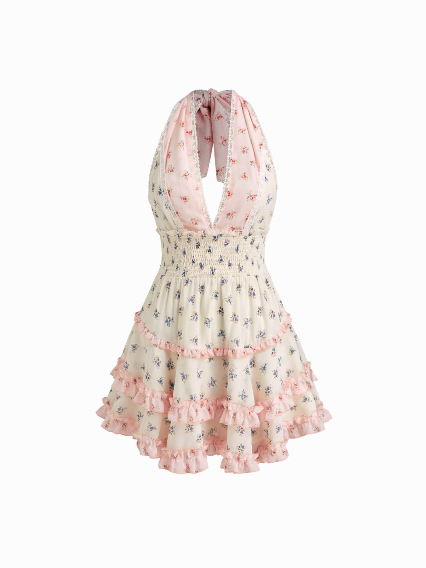 Summer Dress Summer Dresses Woven Halter Neckline Ditsy Floral Lace Lettuce Trim Shirred Patchy Tiered Mini Dress For Daily Casual Date Picnic